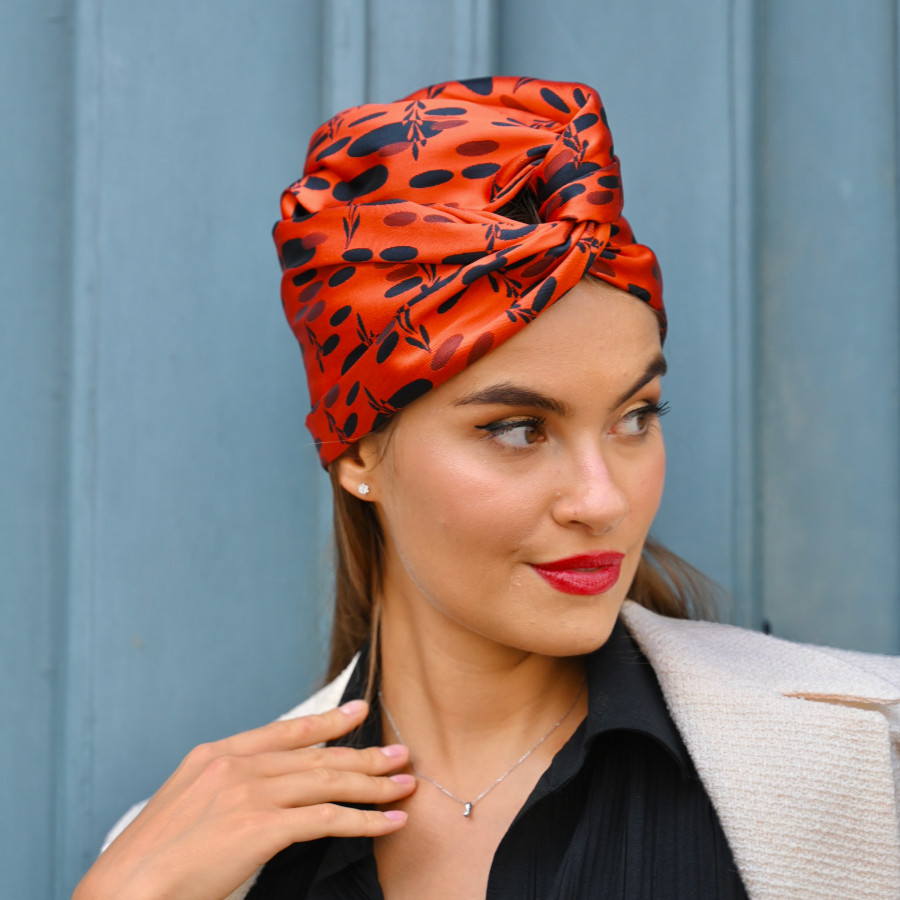 turban avec plume aikköoz rouille orangé hiver chaud et