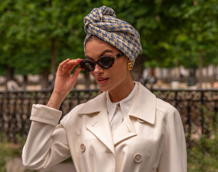 Turban Tweed Pied de Coq Ciel